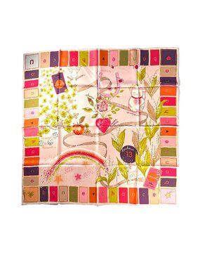 Longchamp Silk Scarf – “Bonne Chance” Good Fortune Print – 34” Square